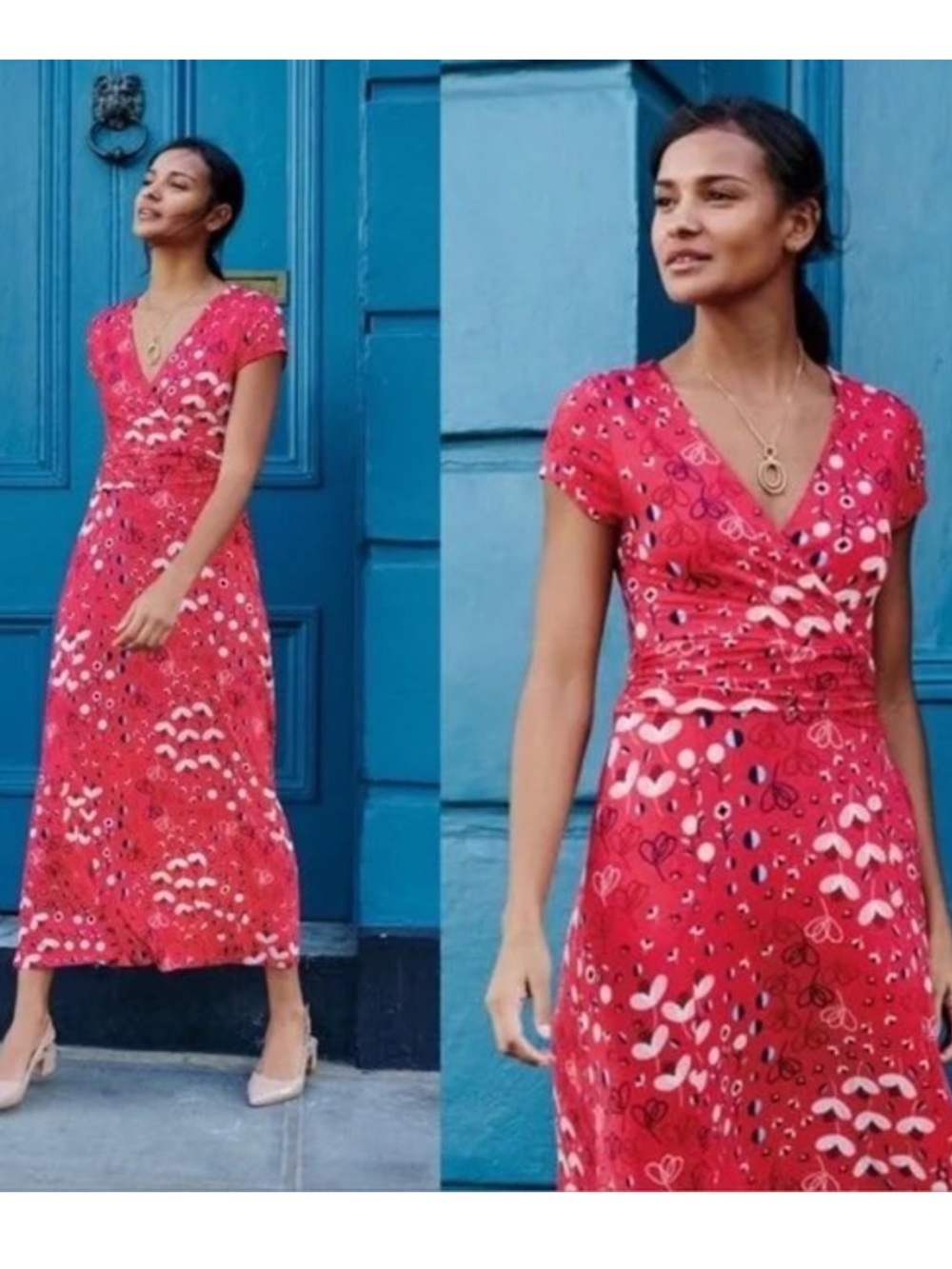 Boden Lily Jersey Faux Wrap Peony Meadow Red Floral Cap Sleeve Maxi Dress Sz 8R